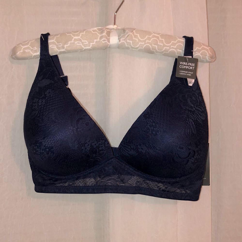 Laura Ashley 38DD Navy Lace Padded Wire Free Bra Comfort Strap Lightly Lined